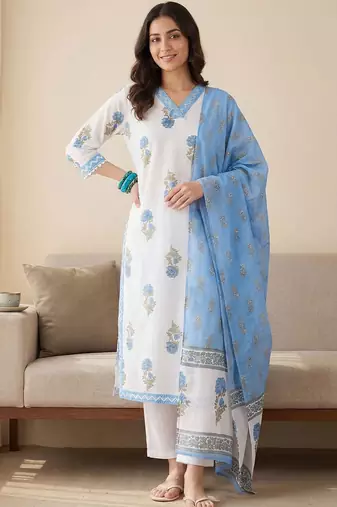 Women Floral Printed Regular Pure Cotton Kurta with Trousers & With Dupatta