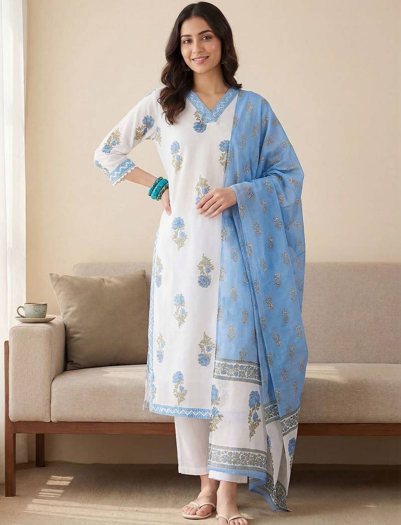 Women Floral Printed Regular Pure Cotton Kurta with Trousers & With Dupatta