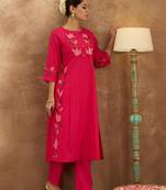 Women Floral Embroidered Regular Thread Work Pure Cotton Kurta with Trousers