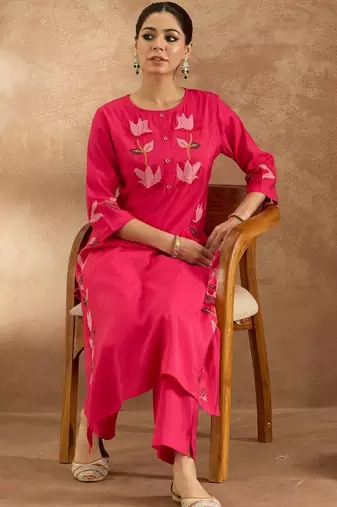 Women Floral Embroidered Regular Thread Work Pure Cotton Kurta with Trousers