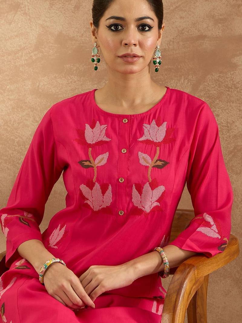 Women Floral Embroidered Regular Thread Work Pure Cotton Kurta with Trousers