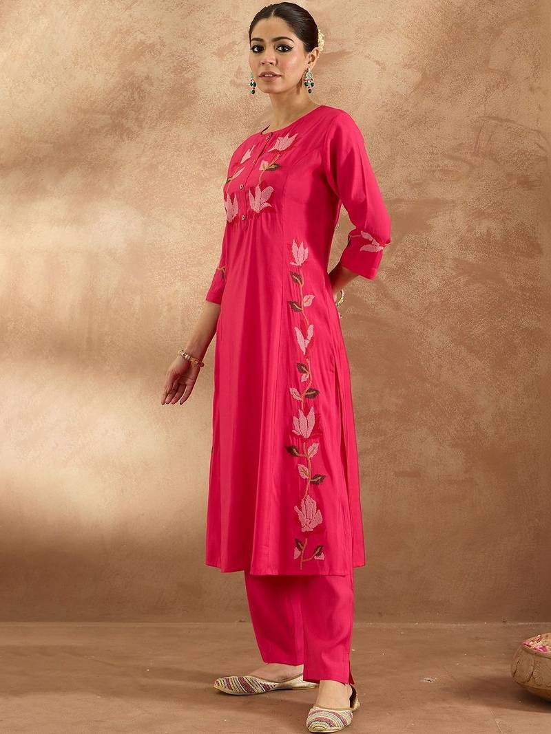 Women Floral Embroidered Regular Thread Work Pure Cotton Kurta with Trousers
