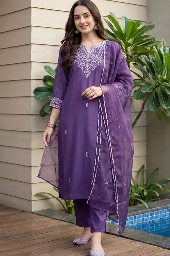 Women Ethnic Motifs Embroidered Regular Thread Work Kurta with Trousers & With Dupatta