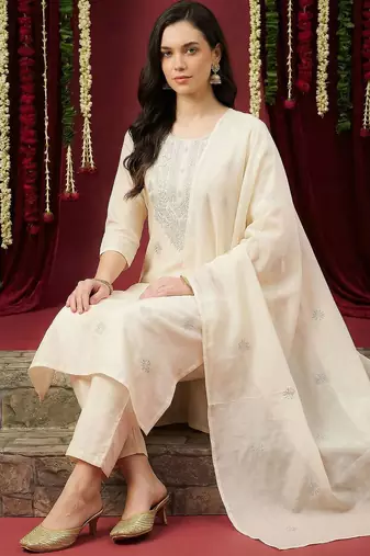 Women Ethnic Motifs Embroidered Regular Thread Work Pure Cotton Kurta with Trousers & With Dupatta