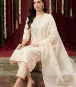 Women Ethnic Motifs Embroidered Regular Thread Work Pure Cotton Kurta with Trousers & With Dupatta