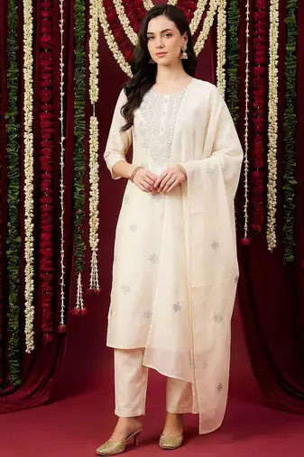 Women Ethnic Motifs Embroidered Regular Thread Work Pure Cotton Kurta with Trousers & With Dupatta