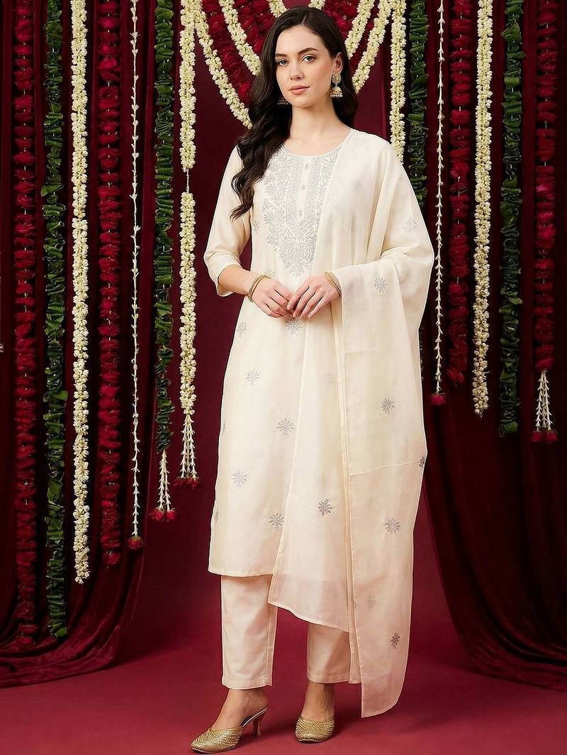 Women Ethnic Motifs Embroidered Regular Thread Work Pure Cotton Kurta with Trousers & With Dupatta