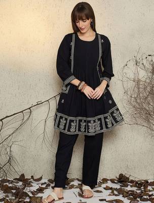 Women Ethnic Motifs Embroidered Pure Cotton A-Line Kurta with Pyjama 2