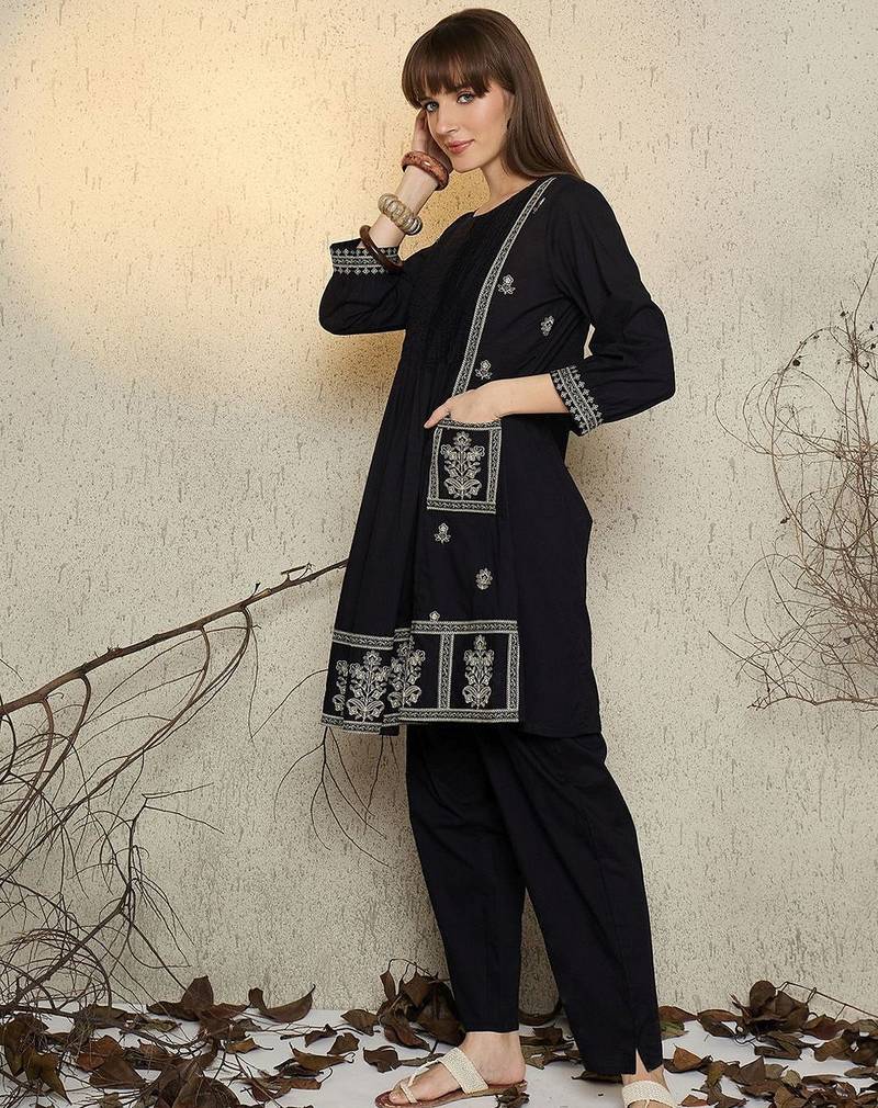 Women Ethnic Motifs Embroidered Pure Cotton A-Line Kurta with Pyjama