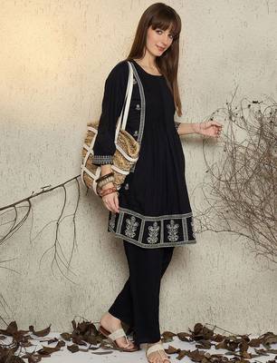 Women Ethnic Motifs Embroidered Pure Cotton A-Line Kurta with Pyjama 5