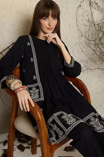 Women Ethnic Motifs Embroidered Pure Cotton A-Line Kurta with Pyjama