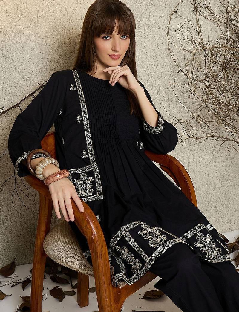 Women Ethnic Motifs Embroidered Pure Cotton A-Line Kurta with Pyjama