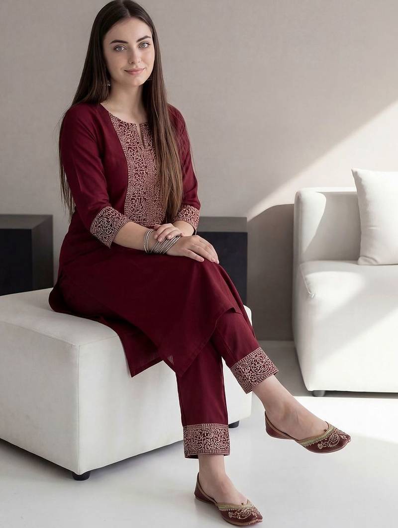 Women Ethnic Motifs Embroidered Regular Thread Work Kurta with Trousers