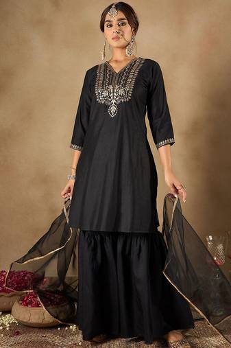 Women Ethnic Motifs Embroidered Regular Liva Kurta with Sharara & With Dupatta