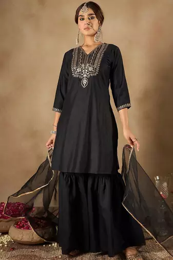 Women Ethnic Motifs Embroidered Regular Liva Kurta with Sharara & With Dupatta