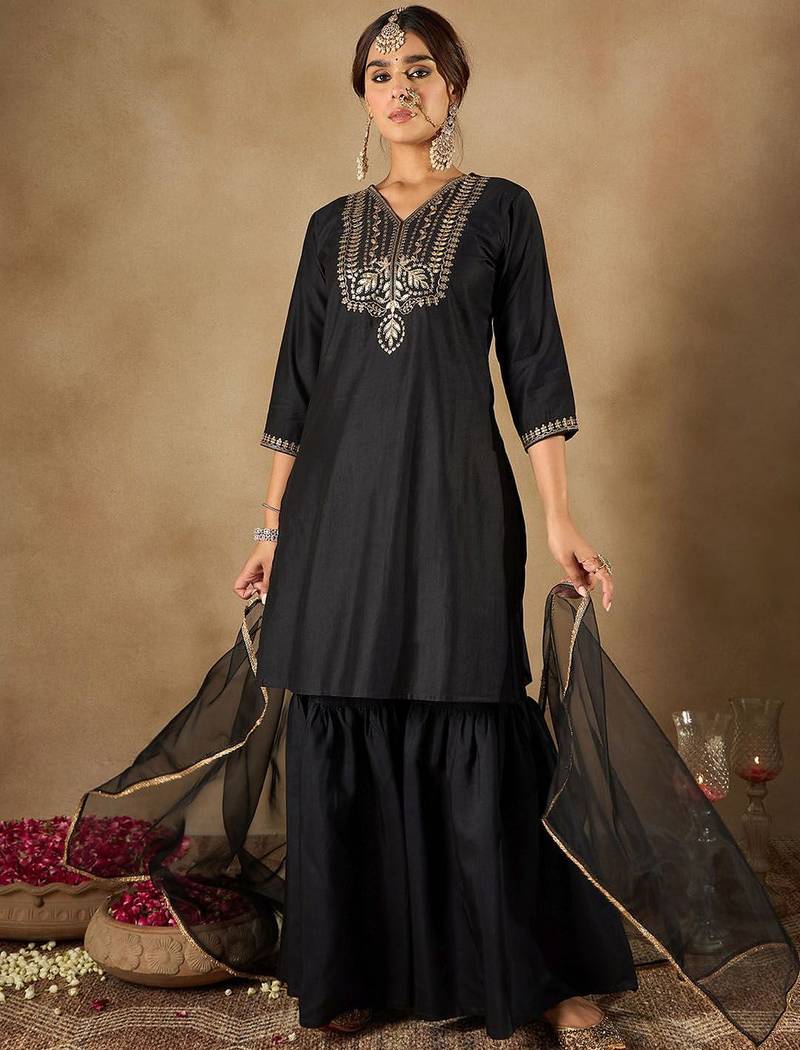 Women Ethnic Motifs Embroidered Regular Liva Kurta with Sharara & With Dupatta