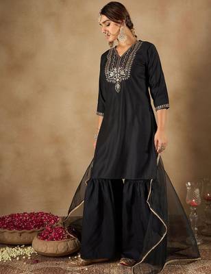 Women Ethnic Motifs Embroidered Regular Liva Kurta with Sharara & With Dupatta 5
