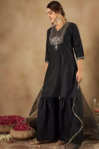 Women Ethnic Motifs Embroidered Regular Liva Kurta with Sharara & With Dupatta