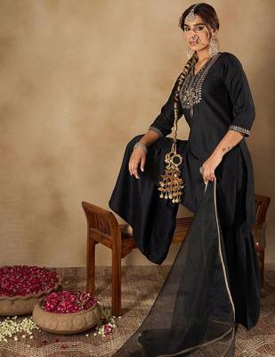Women Ethnic Motifs Embroidered Regular Liva Kurta with Sharara & With Dupatta 7