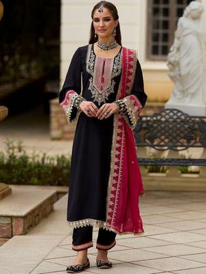Embroidered Round Neck Gotta Patti Straight Kurta With Trousers & Dupatta 1