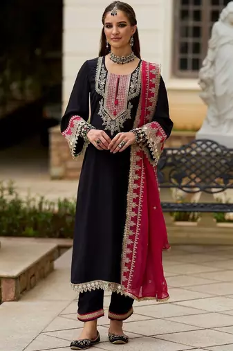 Embroidered Round Neck Gotta Patti Straight Kurta With Trousers & Dupatta