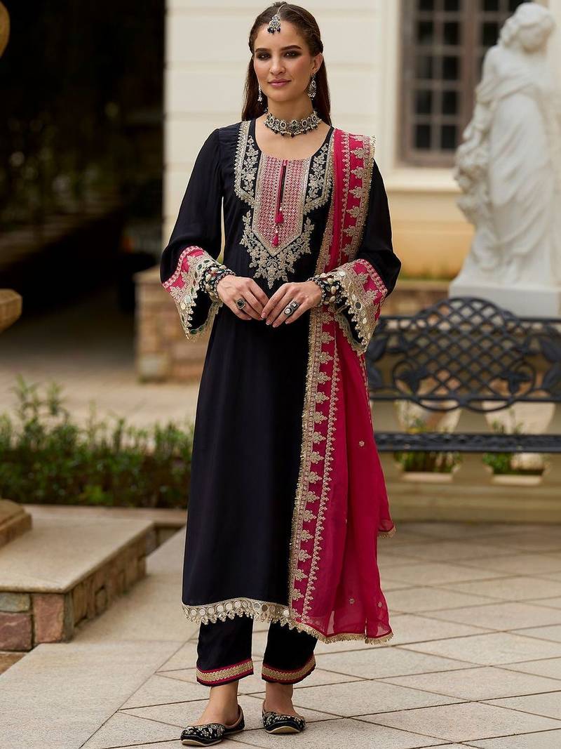 Embroidered Round Neck Gotta Patti Straight Kurta With Trousers & Dupatta