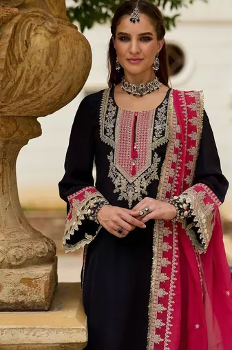 Embroidered Round Neck Gotta Patti Straight Kurta With Trousers & Dupatta