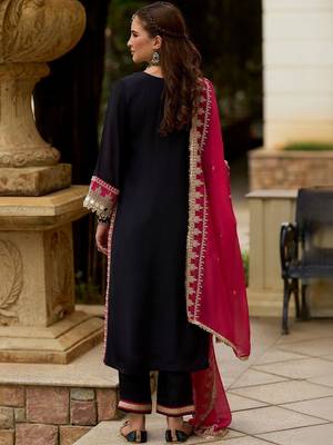 Embroidered Round Neck Gotta Patti Straight Kurta With Trousers & Dupatta 3