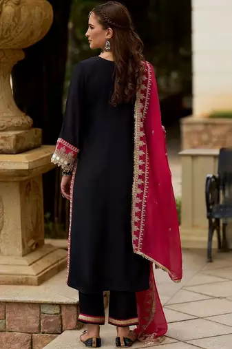 Embroidered Round Neck Gotta Patti Straight Kurta With Trousers & Dupatta