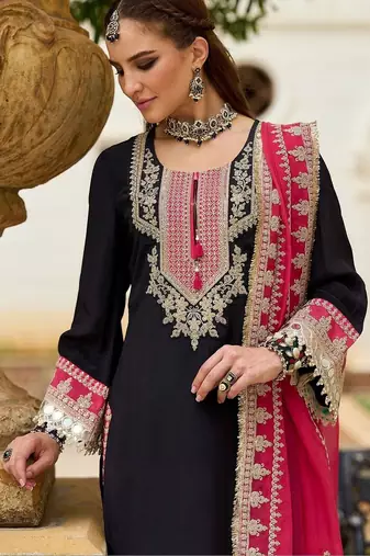 Embroidered Round Neck Gotta Patti Straight Kurta With Trousers & Dupatta