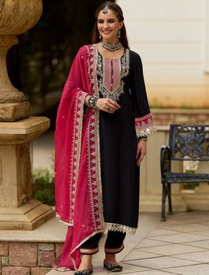 Embroidered Round Neck Gotta Patti Straight Kurta With Trousers & Dupatta 5