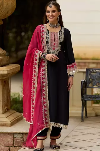 Embroidered Round Neck Gotta Patti Straight Kurta With Trousers & Dupatta