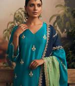 Floral Embroidered V-Neck Thread Work Straight Kurta With Churidar & Dupatta