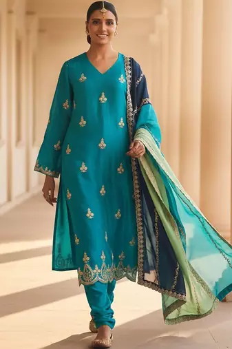 Floral Embroidered V-Neck Thread Work Straight Kurta With Churidar & Dupatta