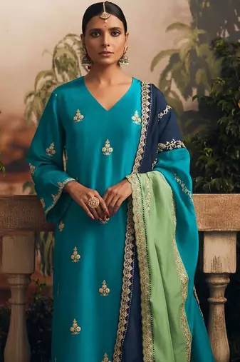 Floral Embroidered V-Neck Thread Work Straight Kurta With Churidar & Dupatta