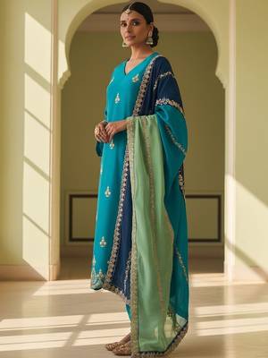 Floral Embroidered V-Neck Thread Work Straight Kurta With Churidar & Dupatta 4