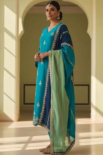 Floral Embroidered V-Neck Thread Work Straight Kurta With Churidar & Dupatta