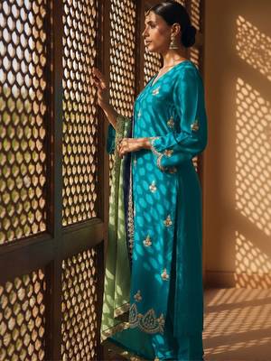 Floral Embroidered V-Neck Thread Work Straight Kurta With Churidar & Dupatta 6