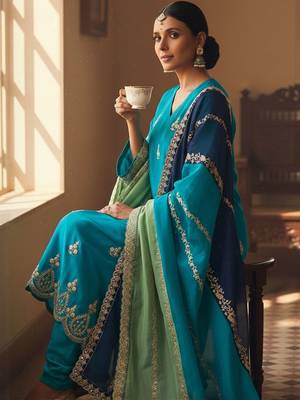 Floral Embroidered V-Neck Thread Work Straight Kurta With Churidar & Dupatta 7