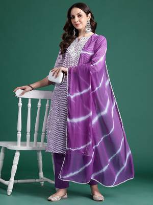 Leheriya Printed Thread Work Pure Cotton Kurta With Trousers & Dupatta 1