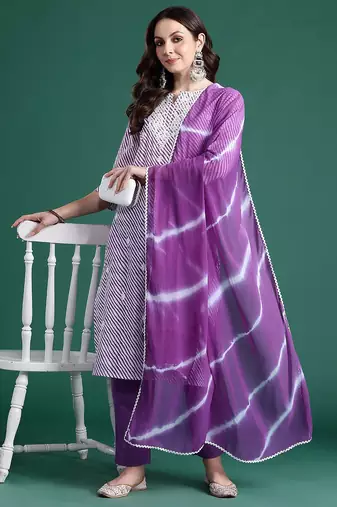 Leheriya Printed Thread Work Pure Cotton Kurta With Trousers & Dupatta