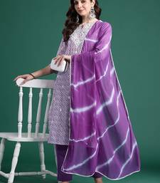 Leheriya Printed Thread Work Pure Cotton Kurta With Trousers & Dupatta