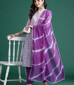 Leheriya Printed Thread Work Pure Cotton Kurta With Trousers & Dupatta