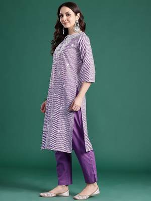 Leheriya Printed Thread Work Pure Cotton Kurta With Trousers & Dupatta 5