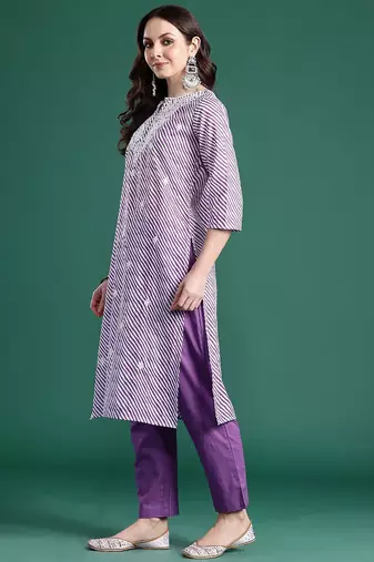 Leheriya Printed Thread Work Pure Cotton Kurta With Trousers & Dupatta