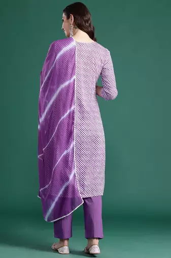 Leheriya Printed Thread Work Pure Cotton Kurta With Trousers & Dupatta