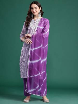 Leheriya Printed Thread Work Pure Cotton Kurta With Trousers & Dupatta 7