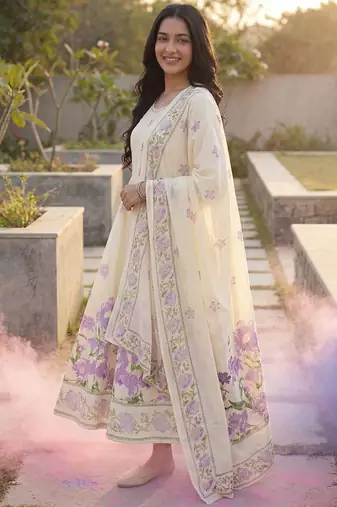 Women Floral Printed Regular Beads and Stones Pure Cotton Kurta Set