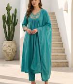 Women Floral Embroidered Panelled Beads and Stones Pure Cotton Kurta with Trousers & With Dupatta