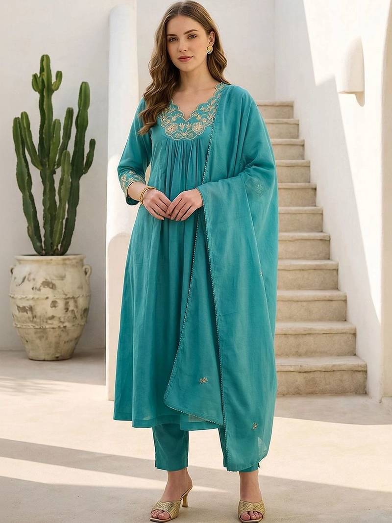 Women Floral Embroidered Panelled Beads and Stones Pure Cotton Kurta with Trousers & With Dupatta
